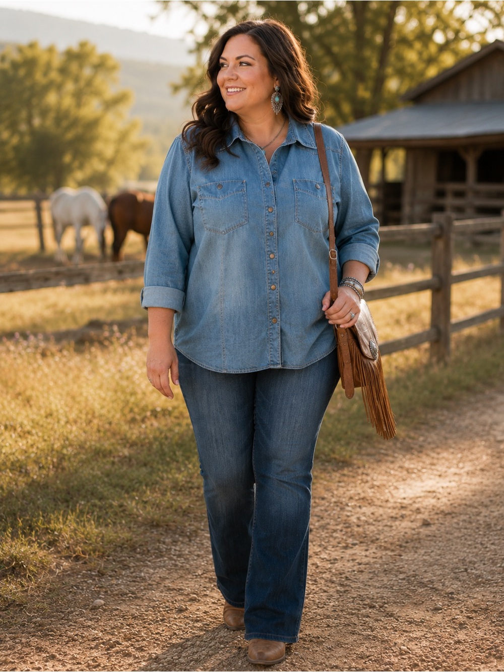 Catherines 3X Denim Chambray Western Shirt Snap Front Plus Size Cowgirl